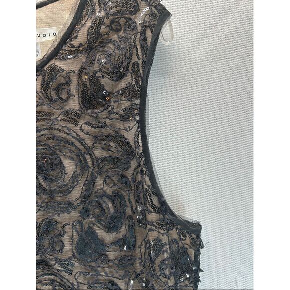 Max Studio XL Black Sequin Sleeveless Lace Floral Mesh Top Nude Lining Holiday - Picture 6 of 9